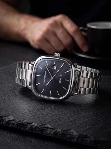 AMERICANVIBER Men's Silver, Watch with Stainless Steel Band | Water-Resistant Analog Dress & Casual Wristwatch (Black)