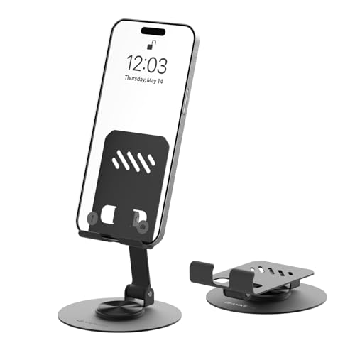 Amkette Ergo 360° Alloy Mobile Stand for Desk, Foldable Design with Stable Rotational Metallic Round Base, Multiple Height & Angle adjustments for Smartphones, Tablets & iPad (Black)