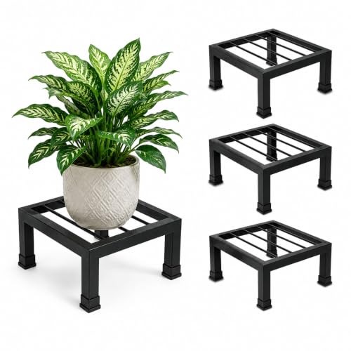 AMORITE Square Metal Plant Stand Set of 4 | 25 x 25 x 12 cm - Black Heavy Duty Black Iron Pot Stand | 100 KG Load Capacity | Stylish Indoor & Outdoor Planter Stand for Balcony, Home & Garden