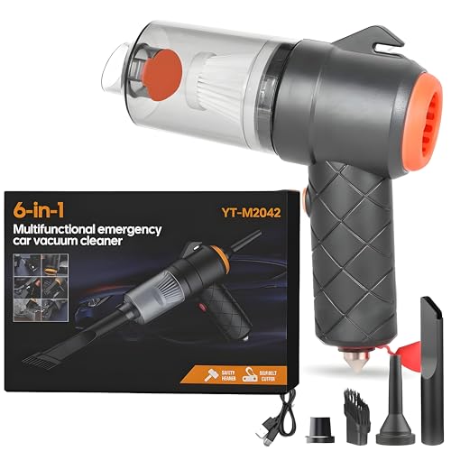 andrew james 6-in-1 Portable Mini Car Vacuum Cleaner with Blower, Window Breaker & Seat Belt Cutter | Cordless Handheld Vacuum Cleaner for Car Use | HEPA Filter, USB Rechargeable