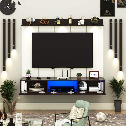 Anikaa LucenPro Engineered Wood Wall Mount TV Unit with PVC Back Panel, Acrylic Blue LED Storage Box, Side Wooden Accent Spot Light Panels I Deal for Up to 50 Inch TV (Wenge - DIY Installation)