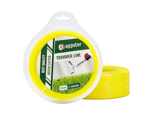 APPSTER 3mm Square Trimmer Line (50 Meter) – Heavy Duty Nylon Weed Eater String & Brush Cutter Rope Bundle – Universal Fit for Grass Trimmers, Lawn Mowers & Tap-N-Go Heads – Commercial Grade