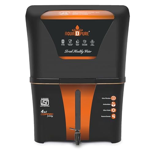 AQUA D PURE 4 in 1 Copper RO Water Purifier with 10 Stage Purification Filtration, UV, UF, TDS Adjuster and 12 Liter Large Storage Tank, Suitable for all type of water supply.