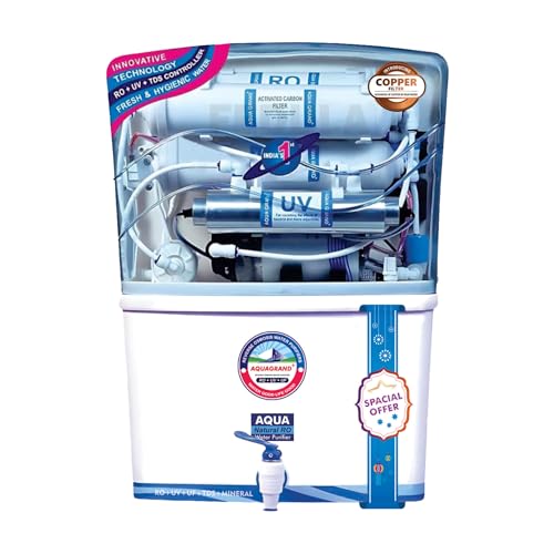 Aqua Grand Plus RO Water Purifier RO+UV+UF+Copper Zinc, TDS Controller, 20 LPH, High TDS Membrane (2000 ppm), 12L Storage, Water Saving Technology, Domestic Water Filter for Home