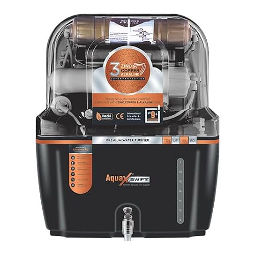 Aqua Swift RO + UV + UF Water Purifier | Copper Zinc Alkaline Technology | TDS Controller | 15L Storage Tank | ISI Certified | 12-Stage Purification System | Suitable for All Water Types(Black)
