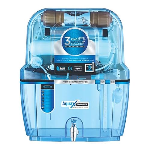 Aqua Swift RO + UV + UF Water Purifier | Copper Zinc Alkaline Technology | TDS Controller | 15L Storage Tank | ISI Certified | 12-Stage Purification System | Suitable for All Water Types(Blue)