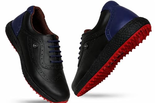 Arkbird® Men's Leather Lace-up Professional Premium Gold Golf Shoes (BLK/Blue, UK Footwear Size System, Adult, Men, Numeric, Wide, 10)