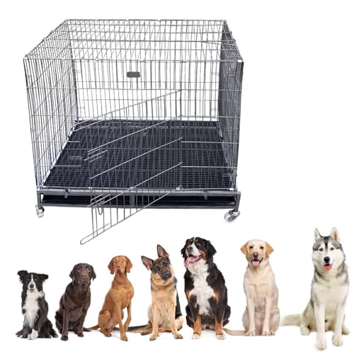 Art Vihar Heavy Duty 49 Inch Dog Crate Cage with Wheels & Divider | Foldable Metal Dog Kennel for Medium & Large Dogs | Double Door Locking Crate | Portable Dog Cage with Tray (49X36.5X53 in, Black)