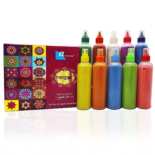 Ascension Rangoli Powder Colors Bottles Design Creativity Diwali Floor Rangoli Art Ceramic Colours Rangoli Color Powder Rang for Navratri Pongal Pooja Mandir with Rangoli Design Book (Set of 10)