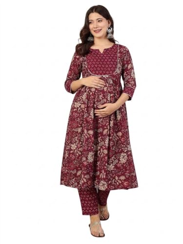 ASSUME FAB Women Viscose Rayon Anarkali Maternity and Feeding Zip Kurti and Pant Set Purple(Large