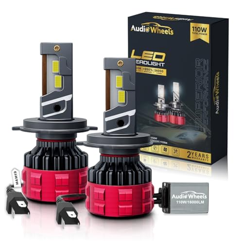 Audio Wheels H4 Car LED Headlight Bulbs 16000 Lumens Hi & Lo Beam Conversion Kit - 6000K Cool White, Easy Installation, Safe Night Driving Visibility, Halogen Replacement, 2-Year Warranty (Pack of 2)