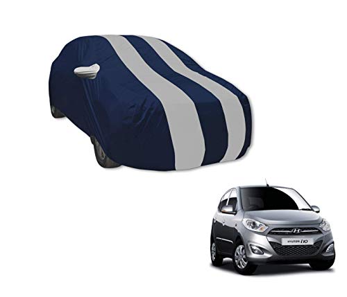 Auto Hub Car Cover Compatible with Hyundai I10 (Model : 2007-2013) with Mirror Pocket, Water Resistant, Triple Stitched, I10 Car Cover- Navy-Silver