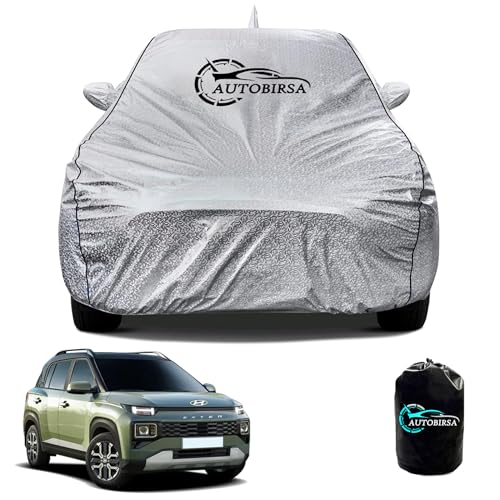 AUTOBIRSA Waterproof Car Body Cover for Hyundai Exter with Mirror and Antenna Pocket and Soft Cotton Lining (4 Side Elastic Triple Stitched & Metallic Silver with Black Piping Style)