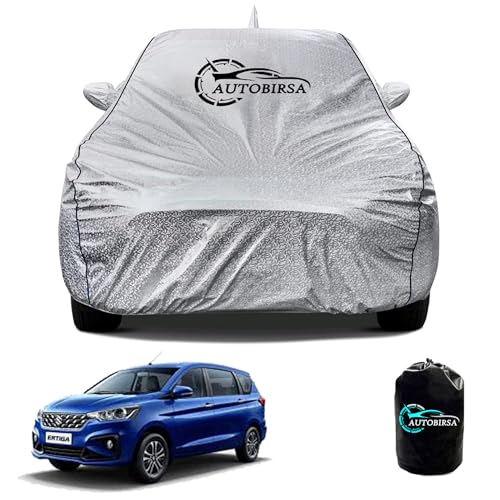 AUTOBIRSA Waterproof Car Body Cover for Maruti Ertiga with Mirror and Antenna Pocket and Soft Cotton Lining (4 Side Elastic Triple Stitched & Metallic Silver with Black Piping Style)