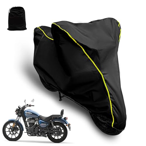AUTOCOZEN Waterproof Bike Cover Compatible with Royal Enfield Meteor 350 Cover with All Weather Protection and Triple Stitch, Heavy Buckle with Storage Bage & Black with Yellow Piping