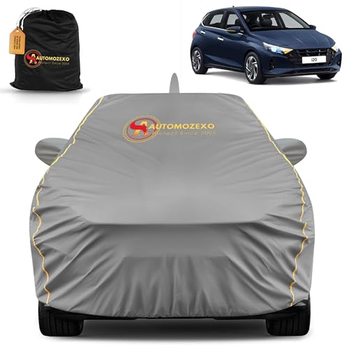 AUTOMOZEXO Hyundai New I20 100% Waterproof Car Cover for All Weather Protection with Mirror & Antena Pocket Inner Cotton Triple Stitched Cover with Adjustable Belt Bottom Elastic to Secure Fit -Grey