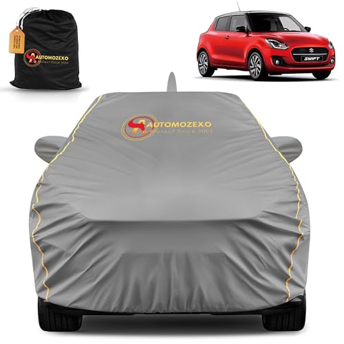 AUTOMOZEXO Maruti Swift 100% Waterproof Car Cover for All Weather Protection with Mirror & Antena Pocket Inner Cotton Layer Triple Stitched Cover with Adjustable Belt Bottom Elastic to Secure Fit-Grey