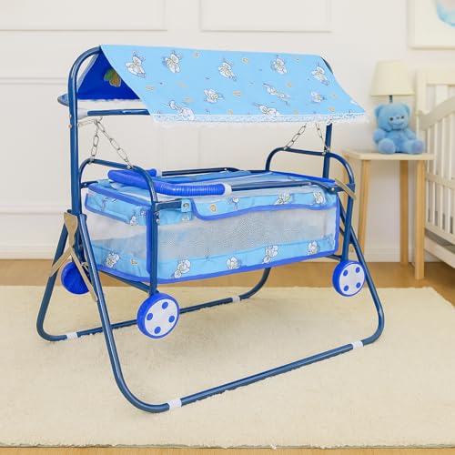 AVANI METROBUZZ Small Baby Cradle with Wheels, Foldable Design with Canopy for for 0-4 Months Baby Boys and Girls | Bed Size - 2.1ft(L)×1.16ft(B)×0.6ft(H)(Blue)