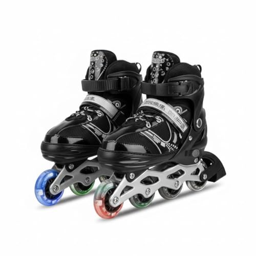Avoren Adjustable Inline Skates for Kids Boys Girls Youth Beginners | 4 Wheel Flash Light Roller with Aluminum Frame Bearings Comfortable Breathable Outdoor Indoor Skating Shoes for Kids 6-18 – Black