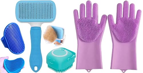 AVRIN 4-in-1 Pet Grooming Kit for Dogs & Cats | Includes Self-Cleaning Slicker Brush, Silicone Bath Gloves, Bath Scrubber & Cat Comb | Complete Pet Grooming Tools for All Hair Types| Dog Brush Kit