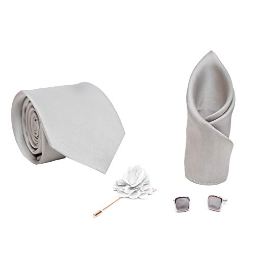 Axlon Tie for Men – Micro Silk Neck Ties Set with Cufflinks Flower Pin, Pocket Square & Black Gift Box, Combo Necktie Sets for Office Wear, Formal Suits & Weddings (Steel Grey, NCKT-SteelGrey)