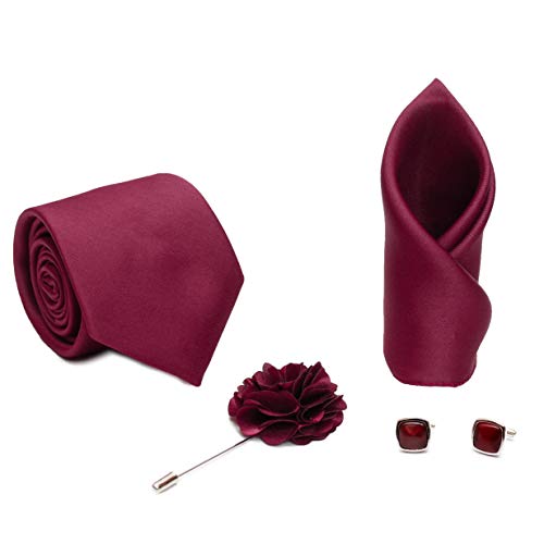 Axlon Tie for Men – Micro Silk Neck Ties Set with Cufflinks Flower Pin, Pocket Square & Black Gift Box, Combo Necktie Sets for Office Wear, Formal Suits & Weddings (Burgundy, NCKT-Burgundy)