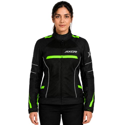 Axor Divazz Women Motorcycle Riding Jacket, CE Armour Protective Bike Jacket, All-Weather Touring Riding Gear with Ventilation Panels, Black Neon Green, S