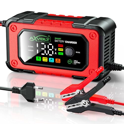 AXVOLT Fully Automatic Battery Charger 7A 12V, Car Battery Charger & Maintainer- EU Plugfor Car, Motorcycle, Lawn Mower and More (Red)