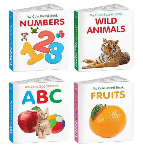 Baby board books collection - ABC, Wild Animals Fruits and Numbers : Pocket-sized kids educational books, All-in-one toddler learning set, Cute board book for kids | Pack of 4 Books for kids