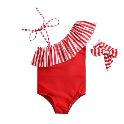 Baby Bucket Girls Asymmetric Ruffled Printed One Piece Swimsuit with Headband - (12 Months-18 Months) - Red