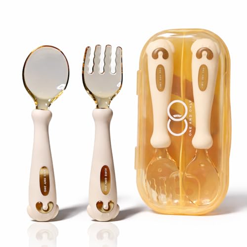 Baby Spoon and Fork Set, White Silicone Toddler Cutlery Set with Easy Grip, 2 Pc, Self Feeding Utensils for Baby Meals School and Travel, Mealtime Essential. Easy to Carry for Home, School