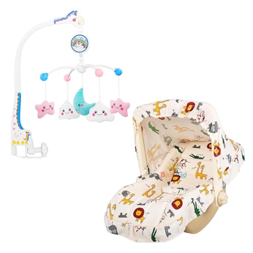 BabyGo 5-in-1 Carry Cot with Rocking Chair, Safety Belt & Canopy + Rotating Stars Musical Crib Mobile |Newborn Soothing Jhoomer, Rattle Hanging Toy for Cradle & Infant Bed (Combo Pack)