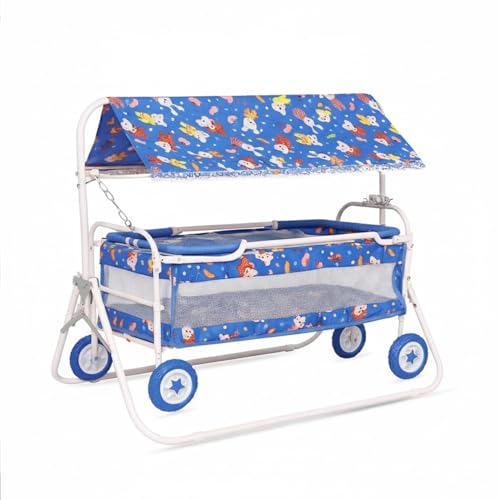 BabyGo Baby Cradle with Swing, Mosquito Net & Canopy | 0–12 Months | Foldable 2-in-1 Rocking Cradle Cot with 4 Wheels & Brake | Soft Bed | Metal Frame | Blue Floral (Medium)