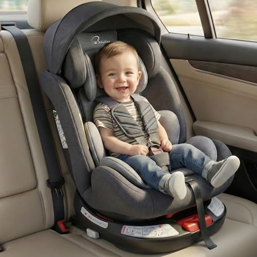 Babykins Convertible 360° Rotation Isofix Car Seat for Baby, 0-12 Years, 4 Recline Positions, ECE R44/04 Certified, 5-Point Harness, Black Grey