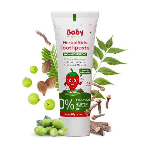 BabyOrgano Ayurvedic Baby Toothpaste for Kids 0-5 Years | Fluoride-Free, SLS-Free | Safe to Swallow | With Babool, Mulethi & Neem | Cavity Protection & Gum Care | No Added Sugar | Natural Strawberry Flavour | 50g (Pack of 1)