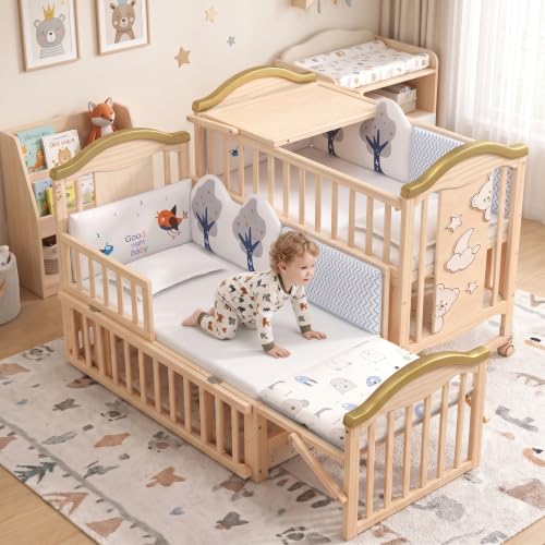BabyTeddy® 16 in 1 (Forest Theme) Original Patented Baby Crib, Baby Cot, Toddler Bed,Cradle Rocker,Convertible Desk,Kid’s Sofa Mode Mosquito Net,Soft Mattress Diaper Changing Station