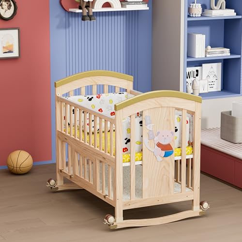 BabyTeddy ® 9 in 1 Patented Multifunctional Baby Crib Baby Wooden Cot Baby Bed Cradle Bedside Crib Rocker Swing Convertible Desk and Kid’s Sofa with Mattress and Mosquito Net (Natural)