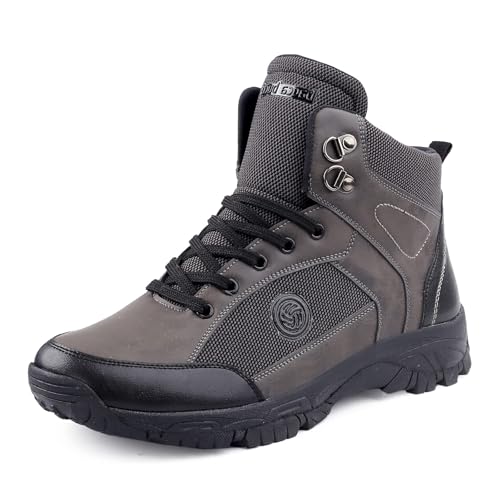 Bacca Bucci® Hike 5-Eye Moto Inspired Light Weighted Mountaineering Backpacking Trekking/Hiking Boots for Men for Beginners- Grey, Size UK7