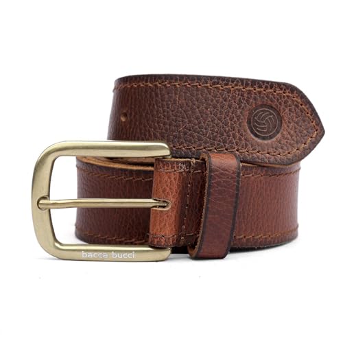 Bacca Bucci® Men's Casual Genuine Leather one Row Stitch Jeans Belt 40 MM Wide 4 MM Thick Alloy Prong Buckle for Casual wear-Bourbon Brown