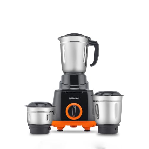 Bajaj Rex 500W Mixer Grinder | 3 Stainless Steel Jars with Multifunctional Blades | Nutri-Pro Feature for Efficient Grinding & Blending | Adjustable Speed Control | 1 Year Warranty | Black & Orange