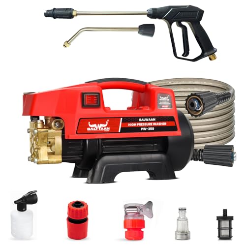 Balwaan Krishi Pressure Washer Brass Coated Pump 1800w Motor 120-150 Bar Pressure 7.5 LPM Water Flow, 26 Feet Hose Pipe, Straight and Bend Lance Ideal for Car Wash and Cleaning Purpose (Red) | PW-350