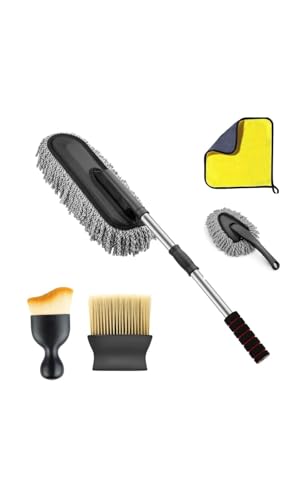 BASEVEL 5 PCS Microfiber Car Duster Kit - Interior & Exterior Car Cleaning Detailing Tool Scratch & Lint Free, Pollen Removing Extendable Long Handle Duster for Car & Motorcycle