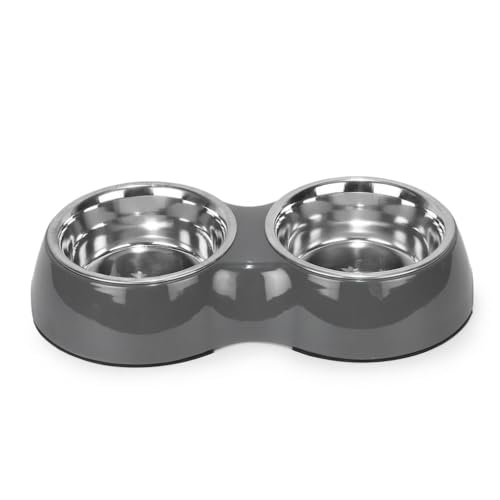 Basil Double Dinner Set Stainless Steel Food Water Feeding Bowls (Melamine Bowls Grey Color & Size: Medium (800ml)) for Pets, Dogs, Cats, Puppy