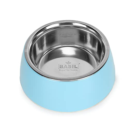 Basil Pet Feeding Bowl for Dogs & Cats, Small, Solid Blue, 400ml | Melamine Bowl with Stainless Steel Bowl