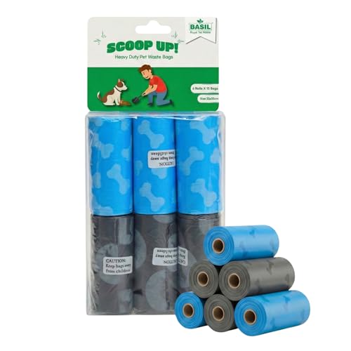 BASIL Scoop Up! Heavy Duty Dog Poop Bag, Waste Bags for Dogs, Pet Poop Bags for All Breeds | Easy Tear Rolls | Dog Essentials & Pet Supplies, 6 Rolls (90 Bags) | Extra Thick, Leak-Proof & Unscented