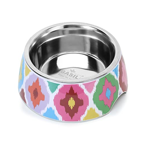 Basil Stainless Steel Food Water Feeding Bowls (Melamine Bowls Printed Multi Color Ikkat & Size: Medium) for Pets, Dogs, Cats, Puppy