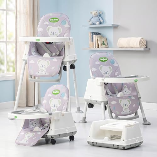 Baybee 4 in 1 Convertible High Chair for Kids | Foldable Baby Feeding Chair with Safety Harness, Adjustable Tray, Booster Seat | Easy to Clean, Portable Dining Chair (Grey)