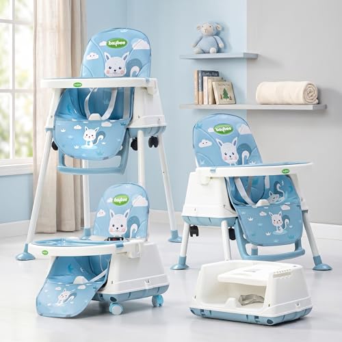 Baybee 4 in 1 Convertible High Chair for Kids | Foldable Baby Feeding Chair with Safety Harness, Adjustable Tray, Booster Seat | Easy to Clean, Portable Dining Chair (Blue)