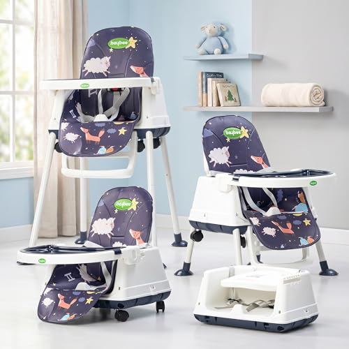 Baybee 4 in 1 Convertible High Chair for Kids | Foldable Baby Feeding Chair with Safety Harness, Adjustable Tray, Booster Seat | Easy to Clean, Portable Dining Chair (Navy Blue)