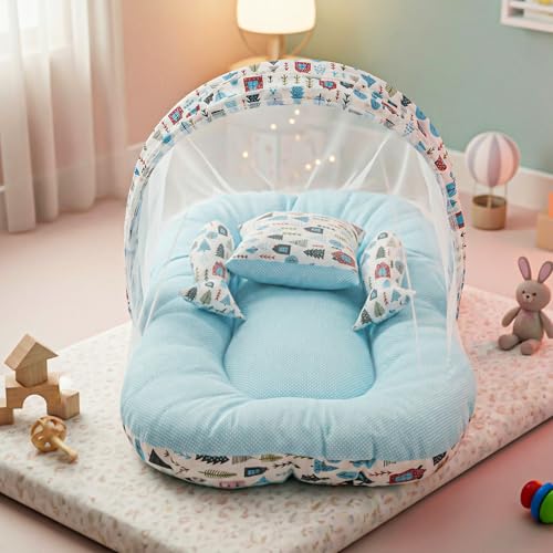 BAYBEE Baby Bedding Set for New Born Baby, Bed Mattress with Mosquito Net & Neck Pillow, Sleeping Nest Travel, Infant Toddler Bed Set Gifts for Baby Boy Girl 0-6 Months (Blue)